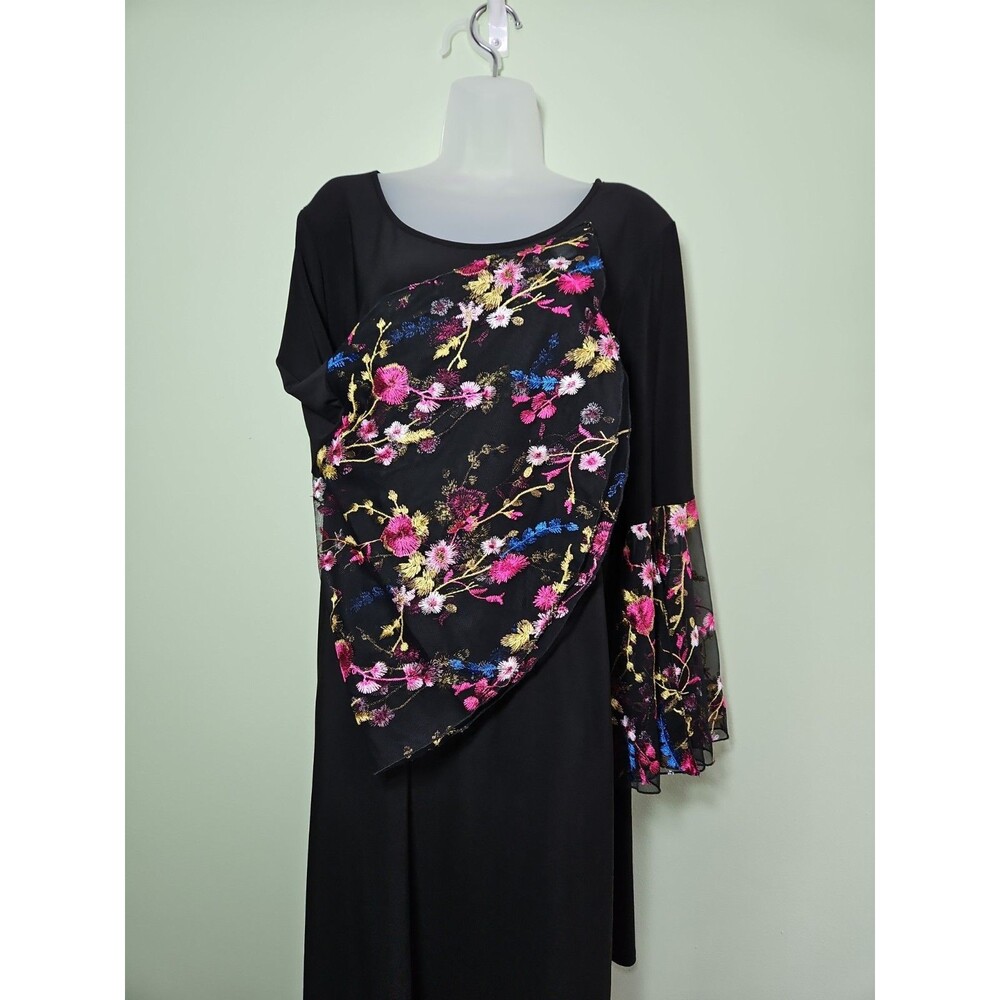 Mod X Women's 1X Black Floral Mesh Overlay Dress Bell Sleeve Plus Size Cocktail